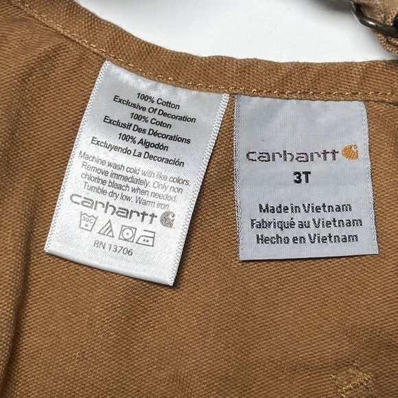 Carhartt Kids Canvas Bib Overalls Sz 3T Brown Double Knee Outdoor Farm **Stain** - Picture 9 of 10